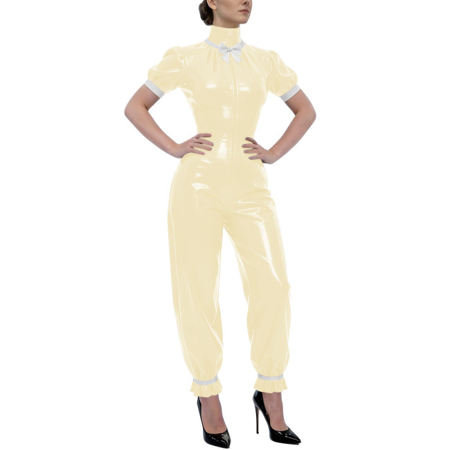 Rave Party Glossy PVC Jumpsuit High Neck Bow Puff Sleeve Front Zipper Wetlook Rompers Sweet Nightclub Catsuit Cosplay Outfits