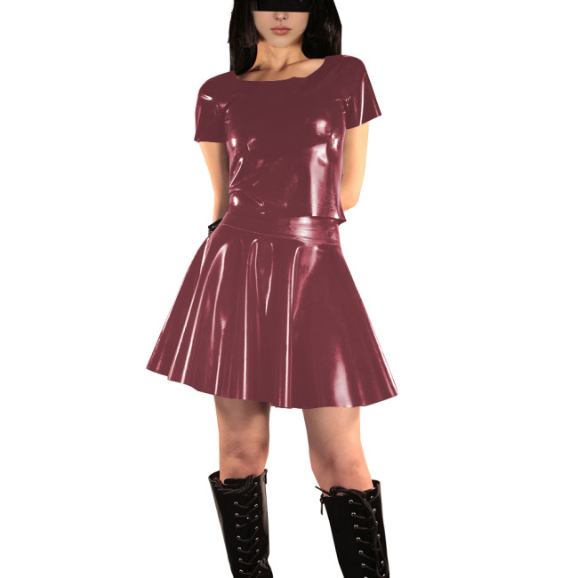 Women's Vinyl PVC Leather Two Piece Outfit Fashion Casual Short Sleeve Crop Top and Mini Flared Skater Skirt Set Street Outfits