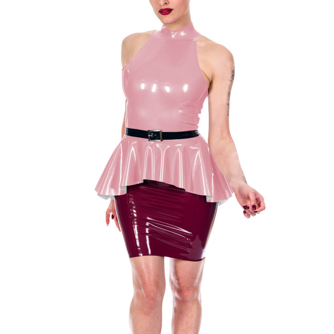 Sexy Women's Shiny PVC Halter Peplum Top Sleeveless High Neck Ruffle Hem Blouse Glossy Clubwear Ladies Back Zipper Slim Vest Top