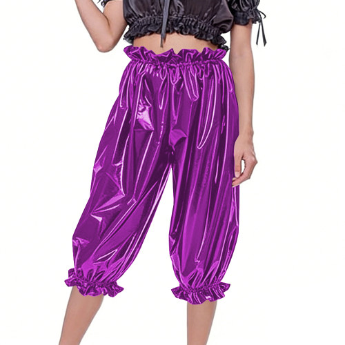 Women's Casual Shiny PVC Baggy Pants Elastic Waist Ruffle Cuffs Loose Mid Pants Fetish Glossy Faux Leather Bloomers Club Bottoms