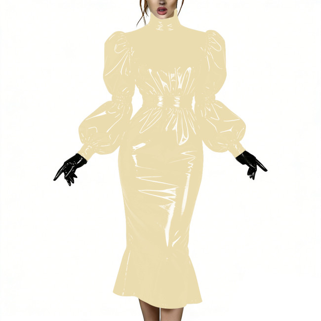 Evening Party Glossy Midi Mermaid Dresses Vinyl PVC Leather High Neck Puff Sleeve Bodycon Dress Elegant Ruffles Gown Club Outfit