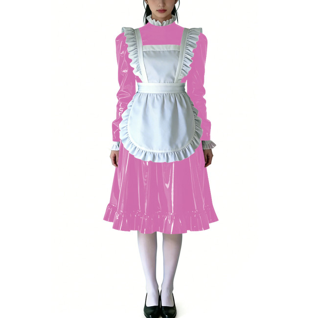 Sissy Ruffled High Neck French Maid Dress Sets Long Sleeve PVC Shiny Apron Lolita Style Maid Uniforms for Cosplay Theme Parties