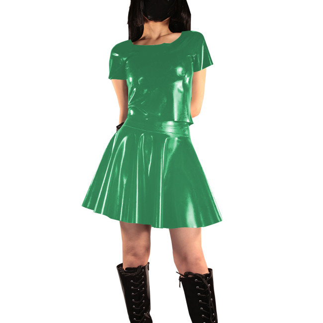 Women's Vinyl PVC Leather Two Piece Outfit Fashion Casual Short Sleeve Crop Top and Mini Flared Skater Skirt Set Street Outfits