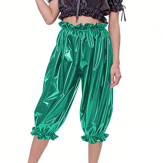 Women's Casual Shiny PVC Baggy Pants Elastic Waist Ruffle Cuffs Loose Mid Pants Fetish Glossy Faux Leather Bloomers Club Bottoms