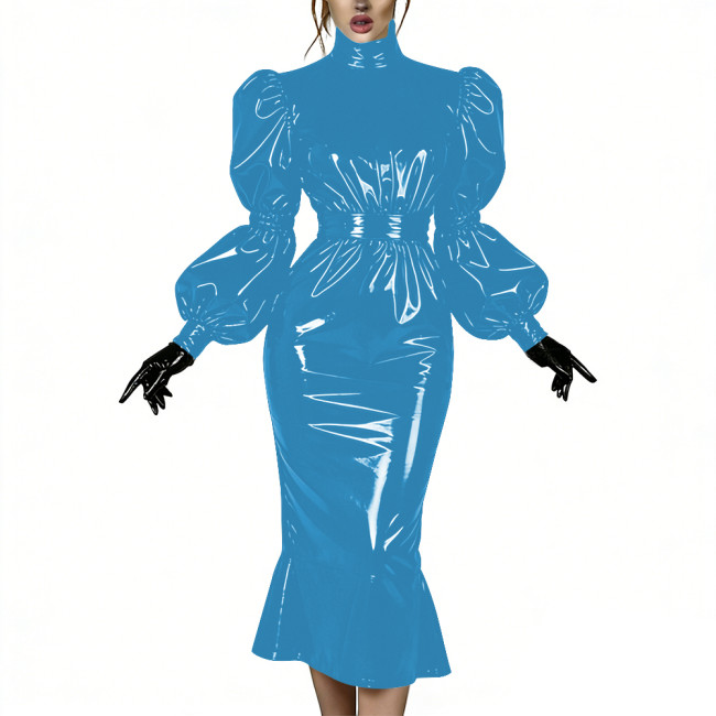 Evening Party Glossy Midi Mermaid Dresses Vinyl PVC Leather High Neck Puff Sleeve Bodycon Dress Elegant Ruffles Gown Club Outfit