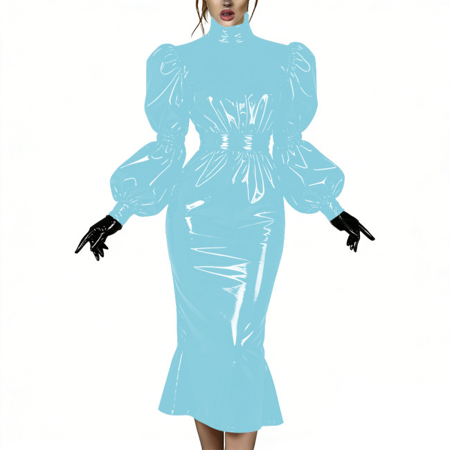 Evening Party Glossy Midi Mermaid Dresses Vinyl PVC Leather High Neck Puff Sleeve Bodycon Dress Elegant Ruffles Gown Club Outfit