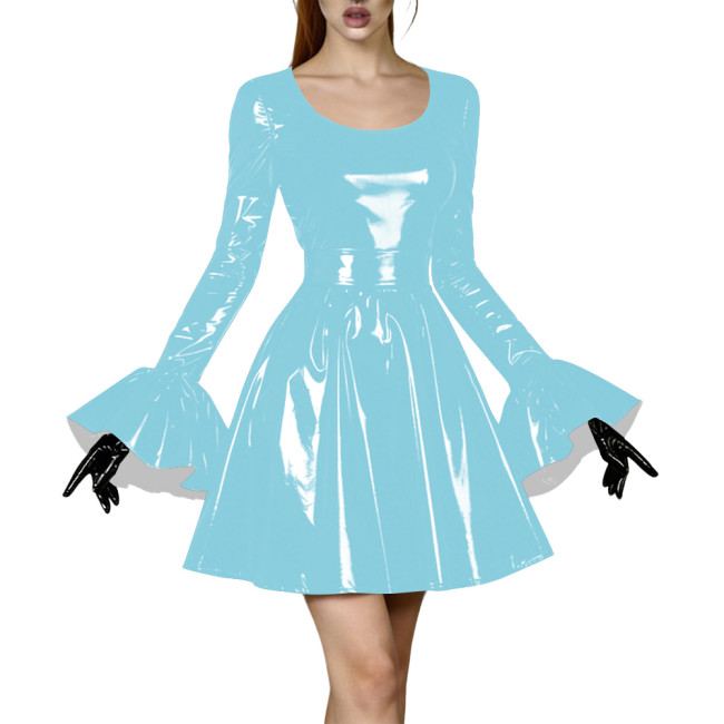 High Street Glossy PVC Leather Mini Dress for Womens Round Neck Bell Sleeve High Waist A-Line Mini Skater Dress Cosplay Outfits