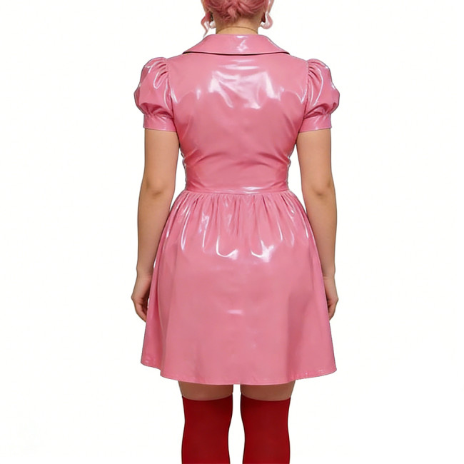 Preppy Shiny PVC Peter Pan Collar Mini Dress for Womens Puff Short Sleeve Button Front A-Line Dress Retro Party Club Short Gown
