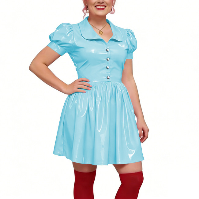 Preppy Shiny PVC Peter Pan Collar Mini Dress for Womens Puff Short Sleeve Button Front A-Line Dress Retro Party Club Short Gown