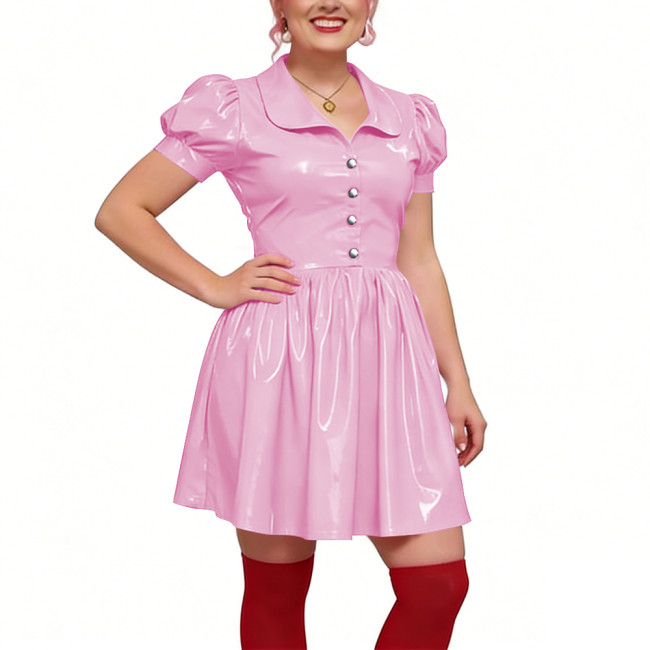 Preppy Shiny PVC Peter Pan Collar Mini Dress for Womens Puff Short Sleeve Button Front A-Line Dress Retro Party Club Short Gown