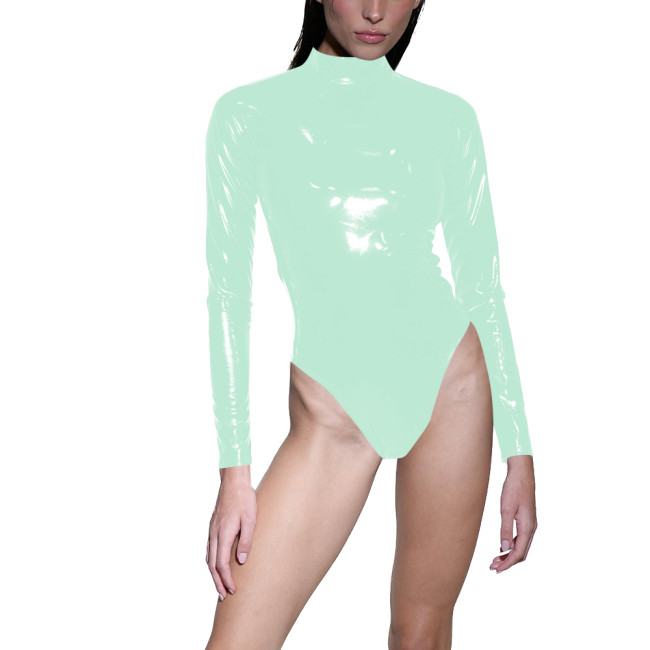 Sexy Women Cosplay PVC High Cut Bodysuit Long Sleeve Tight Wetlook Catsuit Female Stretch Patent Leather One Pieces Leotard 7XL