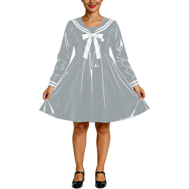 Shiny PVC Faux Latex Sailor Dress for Womens White Striped Collar Bow Long Sleeve Flared Mid Dress Anime Cosplay School Uniform