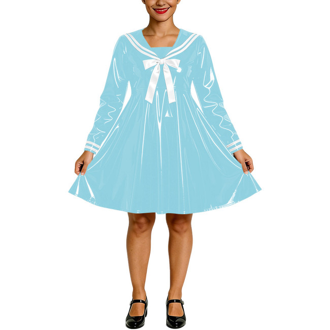 Shiny PVC Faux Latex Sailor Dress for Womens White Striped Collar Bow Long Sleeve Flared Mid Dress Anime Cosplay School Uniform