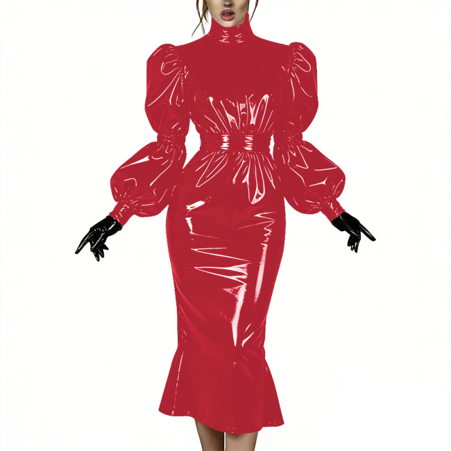 Evening Party Glossy Midi Mermaid Dresses Vinyl PVC Leather High Neck Puff Sleeve Bodycon Dress Elegant Ruffles Gown Club Outfit