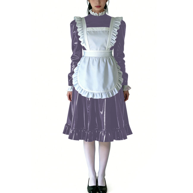 Sissy Ruffled High Neck French Maid Dress Sets Long Sleeve PVC Shiny Apron Lolita Style Maid Uniforms for Cosplay Theme Parties