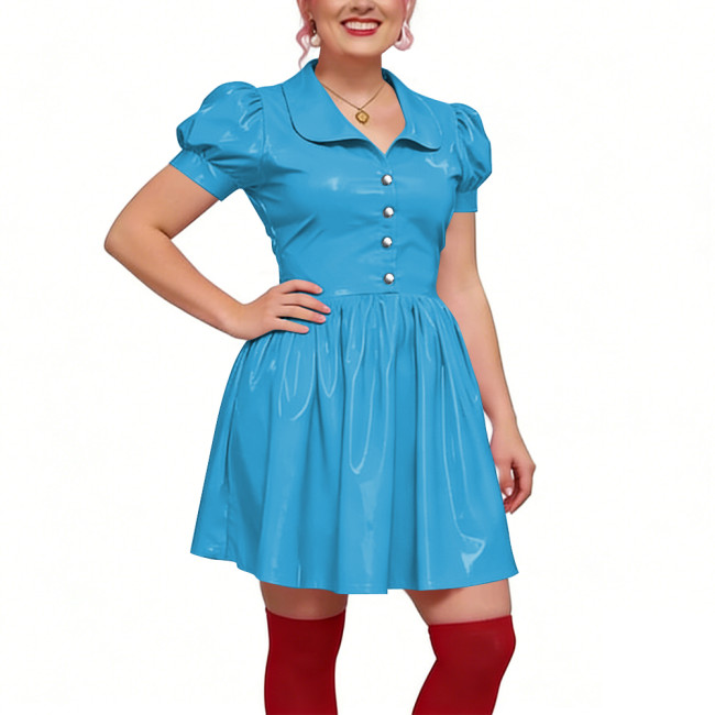 Preppy Shiny PVC Peter Pan Collar Mini Dress for Womens Puff Short Sleeve Button Front A-Line Dress Retro Party Club Short Gown