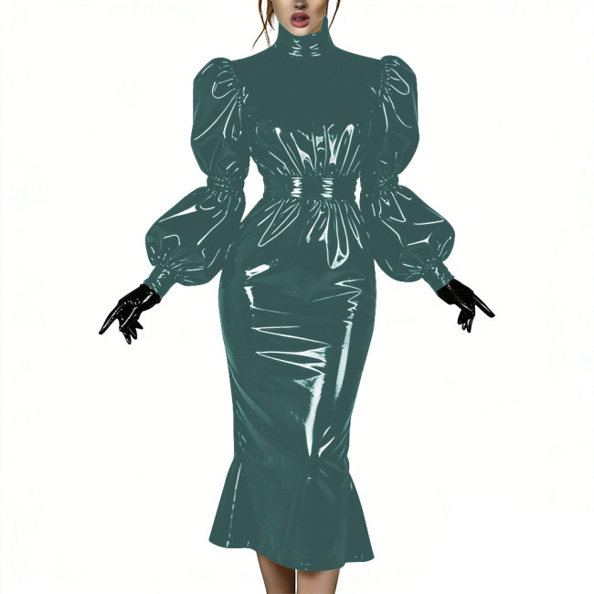Evening Party Glossy Midi Mermaid Dresses Vinyl PVC Leather High Neck Puff Sleeve Bodycon Dress Elegant Ruffles Gown Club Outfit