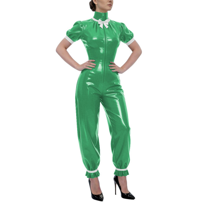 Rave Party Glossy PVC Jumpsuit High Neck Bow Puff Sleeve Front Zipper Wetlook Rompers Sweet Nightclub Catsuit Cosplay Outfits