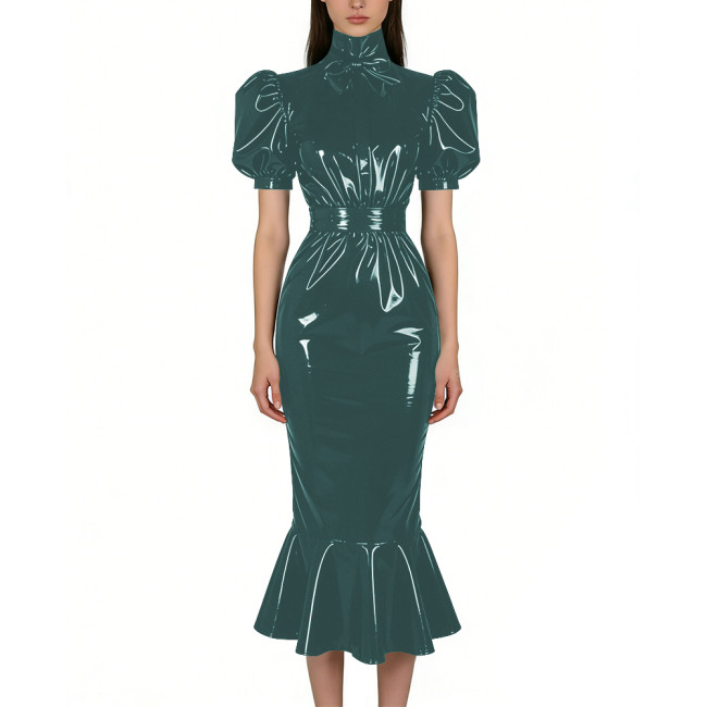 Puff Short Sleeve PVC Vinyl Leather Dress for Womens Turtleneck High Waist Flared Mermaid Slim Midi Gown Party Nightclub Formal