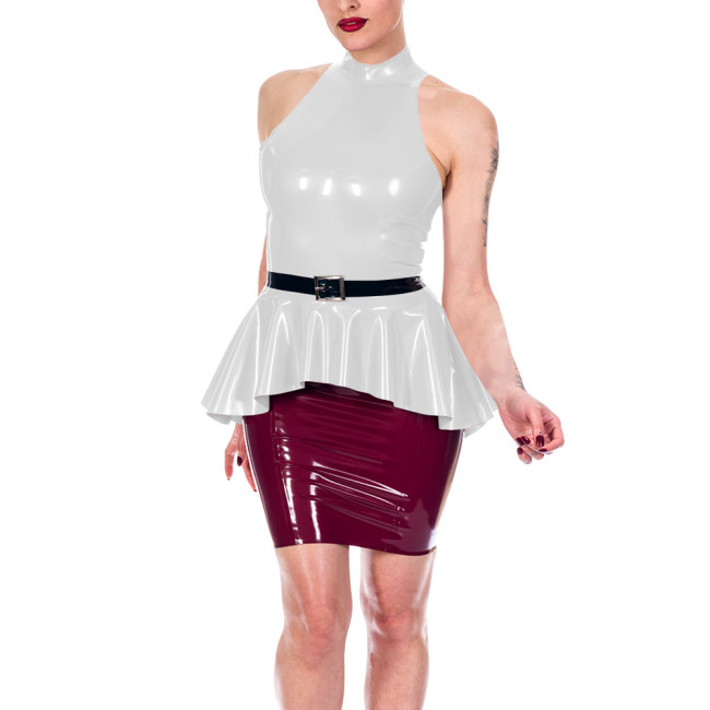 Sexy Women's Shiny PVC Halter Peplum Top Sleeveless High Neck Ruffle Hem Blouse Glossy Clubwear Ladies Back Zipper Slim Vest Top