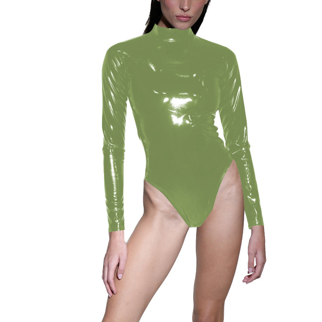Sexy Women Cosplay PVC High Cut Bodysuit Long Sleeve Tight Wetlook Catsuit Female Stretch Patent Leather One Pieces Leotard 7XL