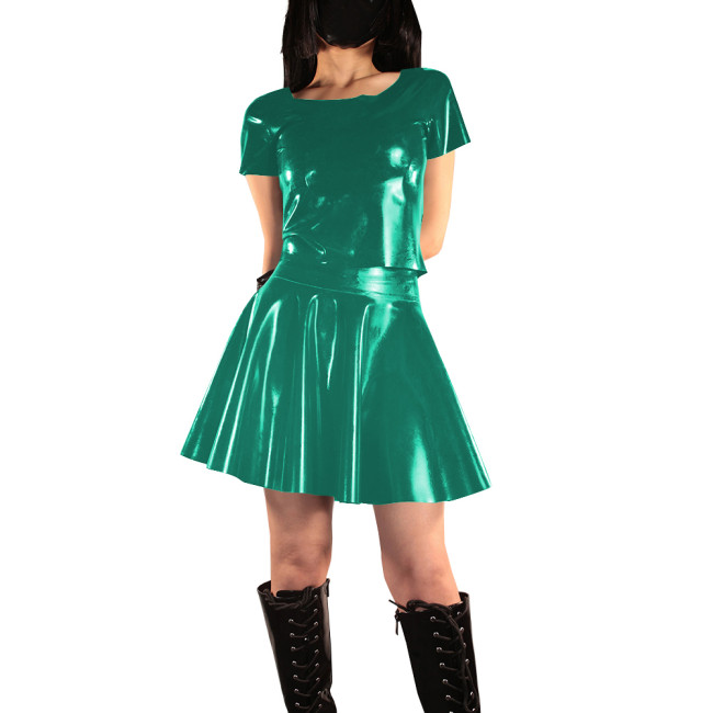 Women's Vinyl PVC Leather Two Piece Outfit Fashion Casual Short Sleeve Crop Top and Mini Flared Skater Skirt Set Street Outfits