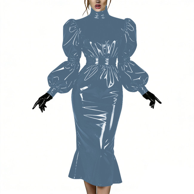 Evening Party Glossy Midi Mermaid Dresses Vinyl PVC Leather High Neck Puff Sleeve Bodycon Dress Elegant Ruffles Gown Club Outfit