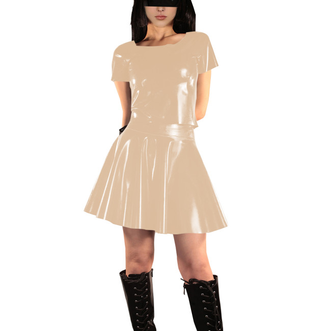 Women's Vinyl PVC Leather Two Piece Outfit Fashion Casual Short Sleeve Crop Top and Mini Flared Skater Skirt Set Street Outfits