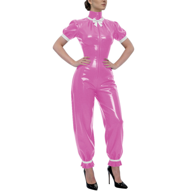 Rave Party Glossy PVC Jumpsuit High Neck Bow Puff Sleeve Front Zipper Wetlook Rompers Sweet Nightclub Catsuit Cosplay Outfits