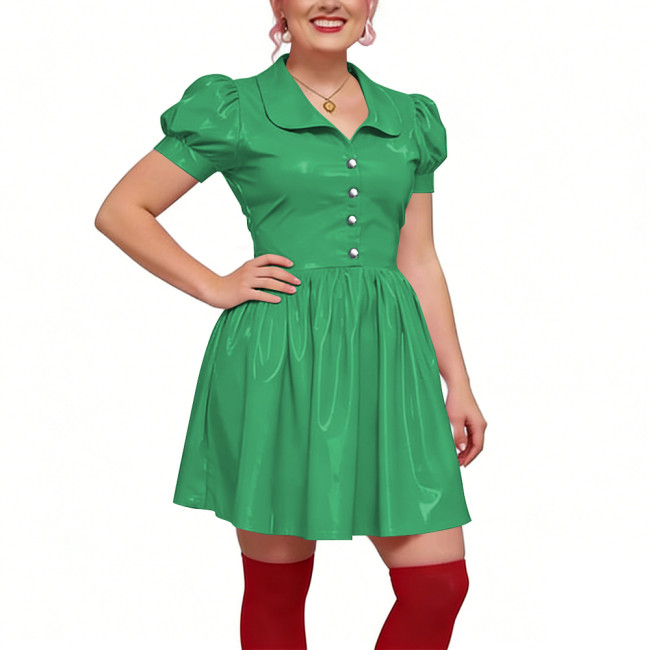 Preppy Shiny PVC Peter Pan Collar Mini Dress for Womens Puff Short Sleeve Button Front A-Line Dress Retro Party Club Short Gown