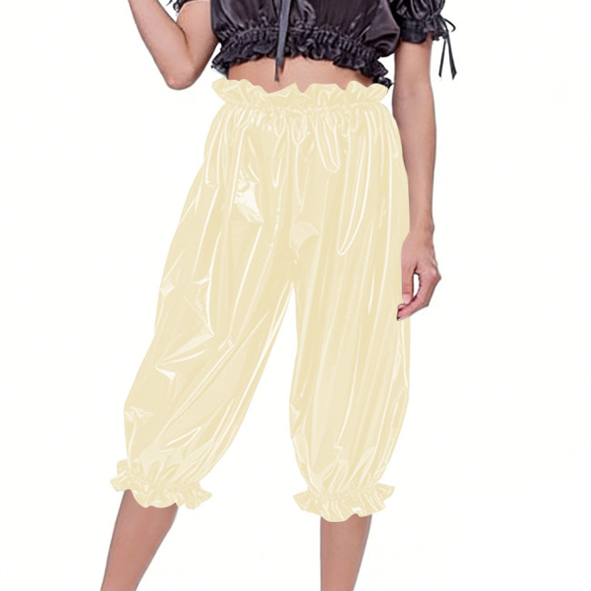Women's Casual Shiny PVC Baggy Pants Elastic Waist Ruffle Cuffs Loose Mid Pants Fetish Glossy Faux Leather Bloomers Club Bottoms