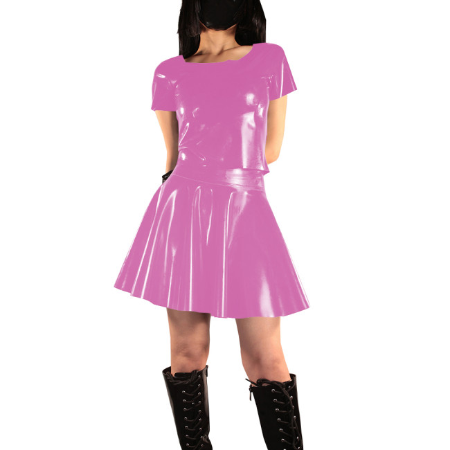 Women's Vinyl PVC Leather Two Piece Outfit Fashion Casual Short Sleeve Crop Top and Mini Flared Skater Skirt Set Street Outfits
