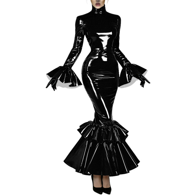 Women's Glossy Latex-like PVC Mermaid Dress High Neck Flared Long Sleeve Ruffle Hem Bodycon Maxi Dress Formal Party Vestidos