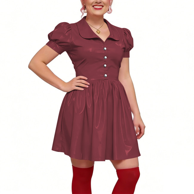 Preppy Shiny PVC Peter Pan Collar Mini Dress for Womens Puff Short Sleeve Button Front A-Line Dress Retro Party Club Short Gown