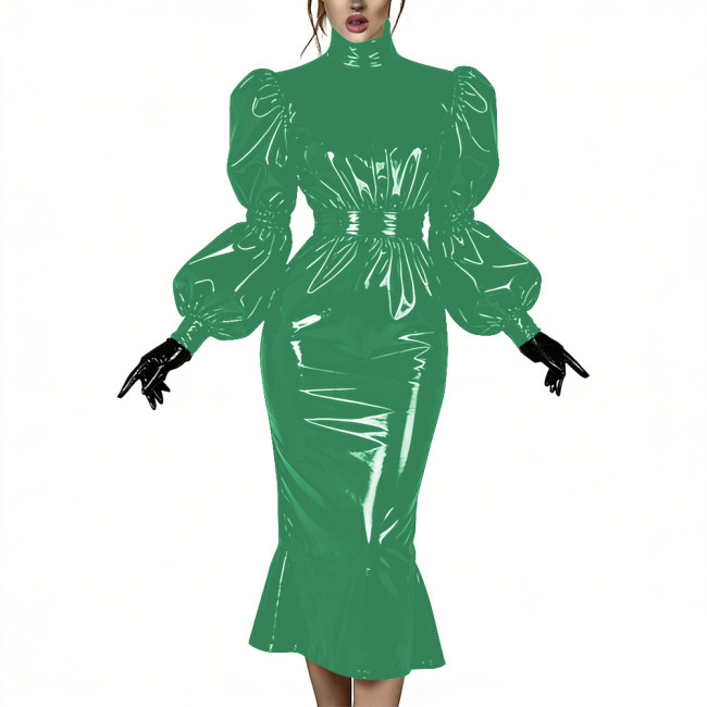 Evening Party Glossy Midi Mermaid Dresses Vinyl PVC Leather High Neck Puff Sleeve Bodycon Dress Elegant Ruffles Gown Club Outfit