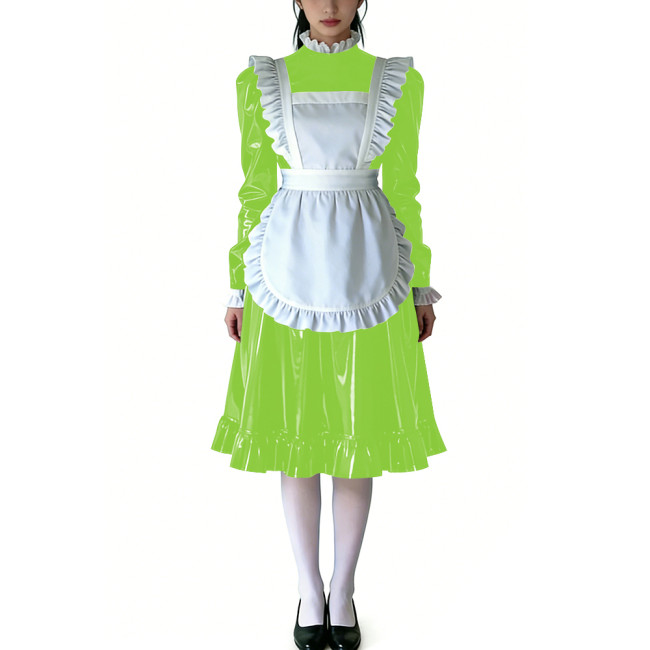 Sissy Ruffled High Neck French Maid Dress Sets Long Sleeve PVC Shiny Apron Lolita Style Maid Uniforms for Cosplay Theme Parties