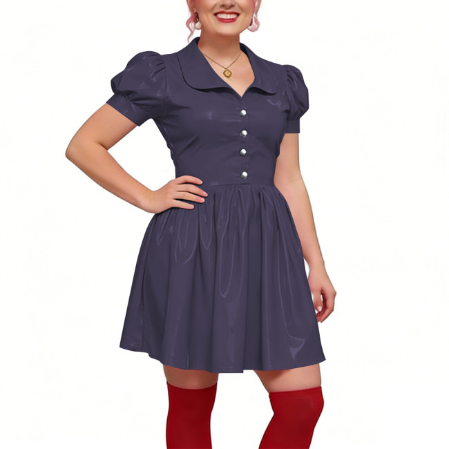 Preppy Shiny PVC Peter Pan Collar Mini Dress for Womens Puff Short Sleeve Button Front A-Line Dress Retro Party Club Short Gown