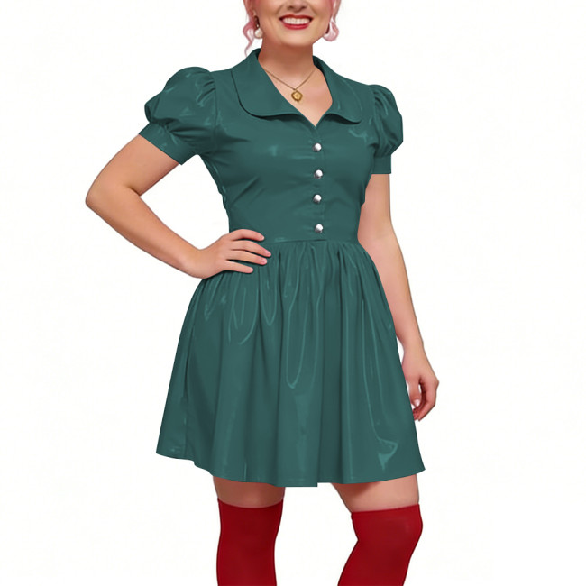 Preppy Shiny PVC Peter Pan Collar Mini Dress for Womens Puff Short Sleeve Button Front A-Line Dress Retro Party Club Short Gown