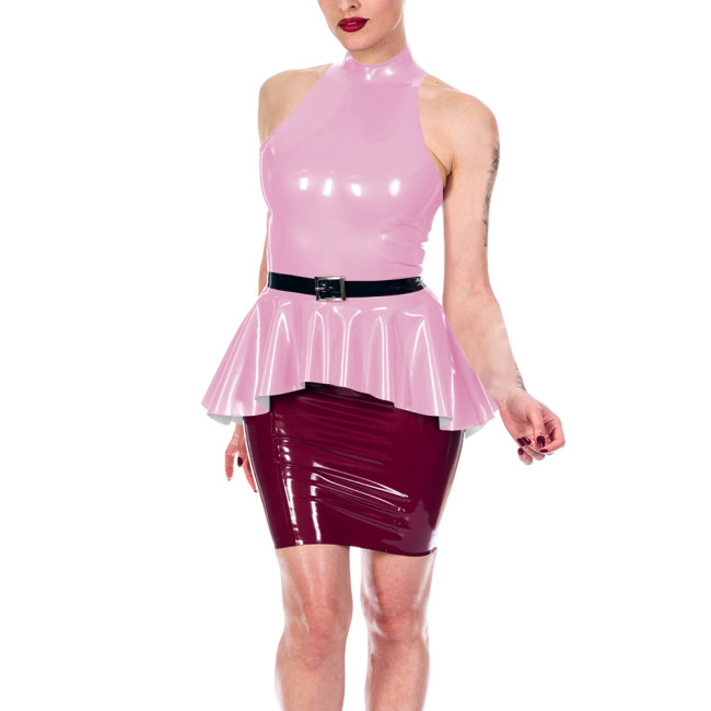 Sexy Women's Shiny PVC Halter Peplum Top Sleeveless High Neck Ruffle Hem Blouse Glossy Clubwear Ladies Back Zipper Slim Vest Top