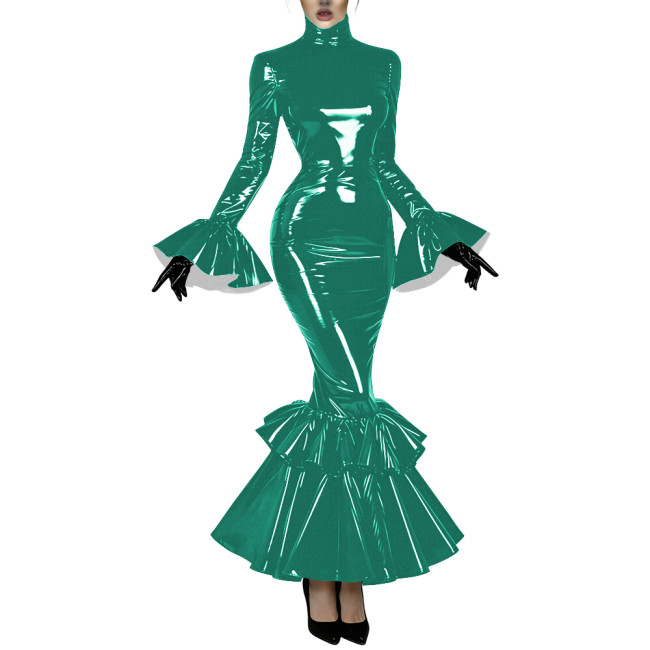 Women's Glossy Latex-like PVC Mermaid Dress High Neck Flared Long Sleeve Ruffle Hem Bodycon Maxi Dress Formal Party Vestidos