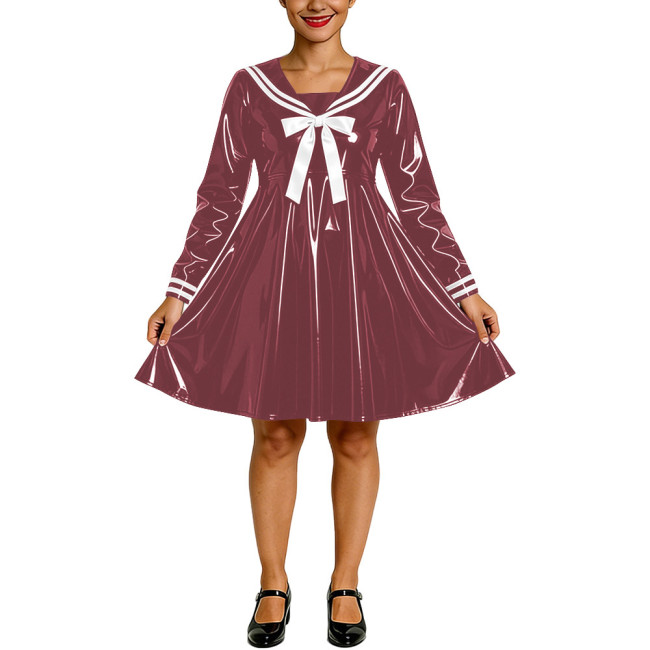 Shiny PVC Faux Latex Sailor Dress for Womens White Striped Collar Bow Long Sleeve Flared Mid Dress Anime Cosplay School Uniform