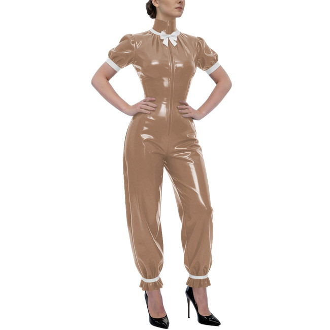 Rave Party Glossy PVC Jumpsuit High Neck Bow Puff Sleeve Front Zipper Wetlook Rompers Sweet Nightclub Catsuit Cosplay Outfits