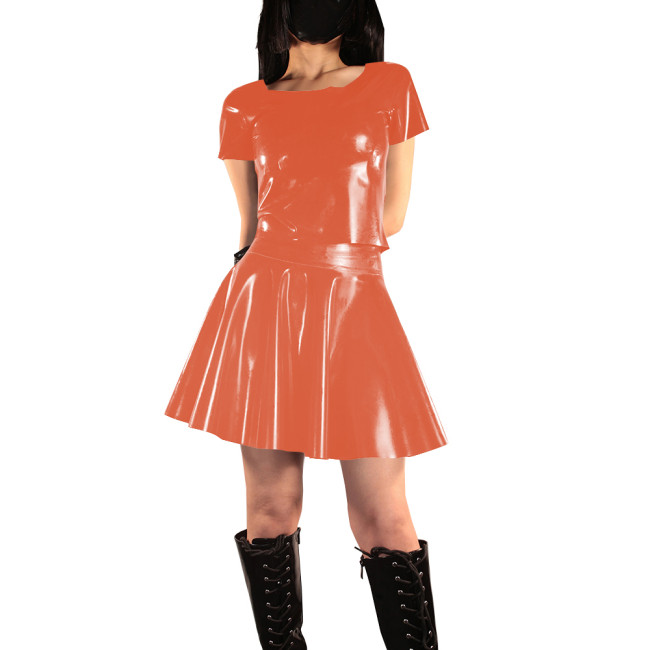 Women's Vinyl PVC Leather Two Piece Outfit Fashion Casual Short Sleeve Crop Top and Mini Flared Skater Skirt Set Street Outfits