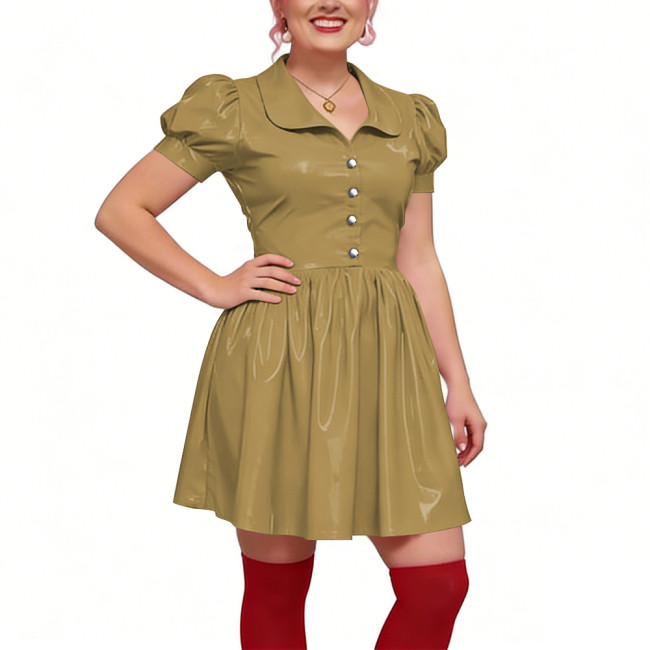 Preppy Shiny PVC Peter Pan Collar Mini Dress for Womens Puff Short Sleeve Button Front A-Line Dress Retro Party Club Short Gown