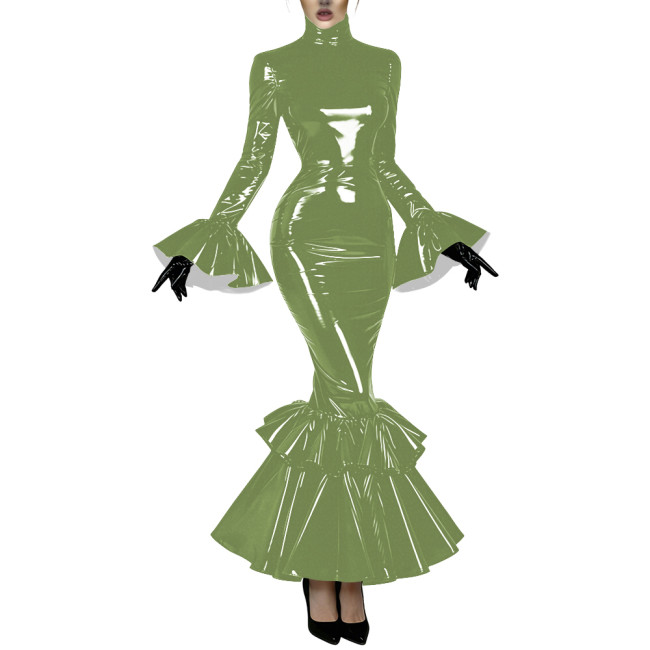Women's Glossy Latex-like PVC Mermaid Dress High Neck Flared Long Sleeve Ruffle Hem Bodycon Maxi Dress Formal Party Vestidos