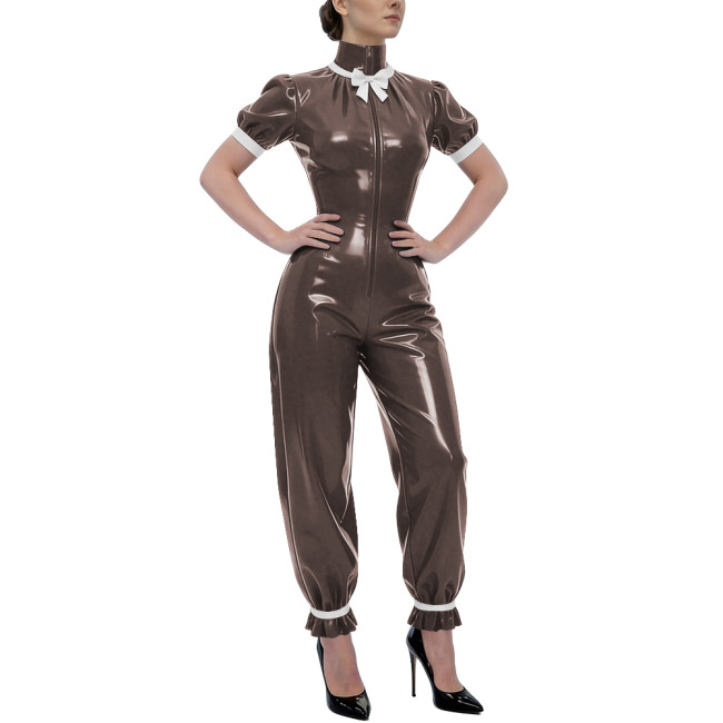 Rave Party Glossy PVC Jumpsuit High Neck Bow Puff Sleeve Front Zipper Wetlook Rompers Sweet Nightclub Catsuit Cosplay Outfits