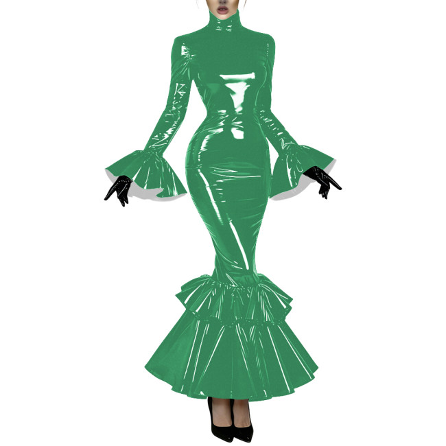 Women's Glossy Latex-like PVC Mermaid Dress High Neck Flared Long Sleeve Ruffle Hem Bodycon Maxi Dress Formal Party Vestidos