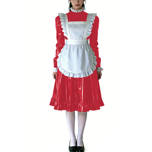 Sissy Ruffled High Neck French Maid Dress Sets Long Sleeve PVC Shiny Apron Lolita Style Maid Uniforms for Cosplay Theme Parties
