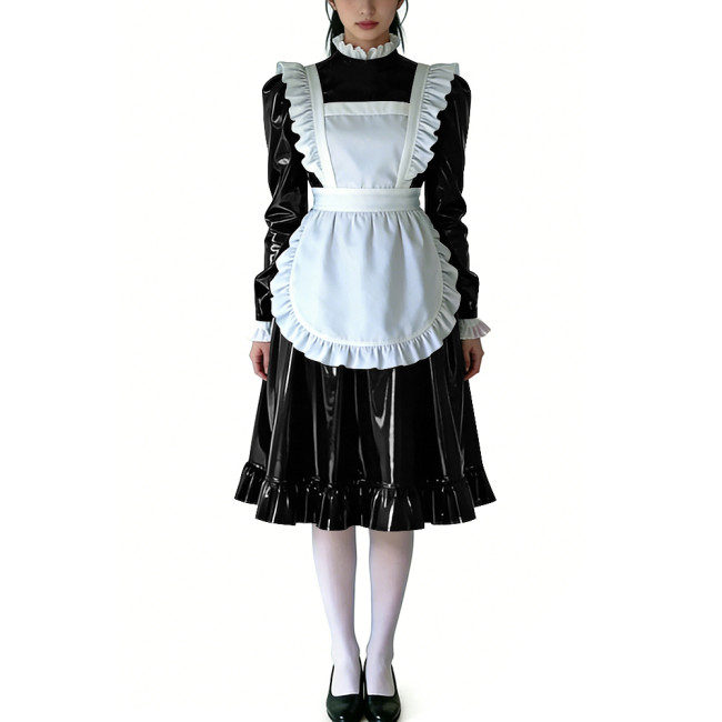 Sissy Ruffled High Neck French Maid Dress Sets Long Sleeve PVC Shiny Apron Lolita Style Maid Uniforms for Cosplay Theme Parties