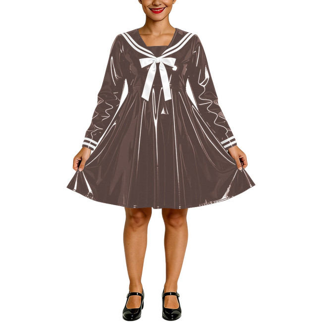 Shiny PVC Faux Latex Sailor Dress for Womens White Striped Collar Bow Long Sleeve Flared Mid Dress Anime Cosplay School Uniform